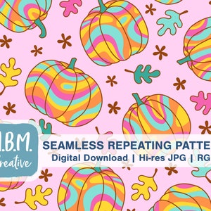 Groovy Pumpkins in Pink Orange & Aqua Seamless Repeat Pattern Commercial Use, Retro Hippie Autumn Seamless File, 70s Fall Pumpkin Download