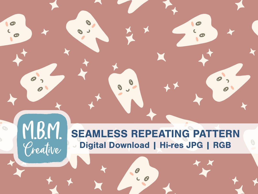 Sparkling Clean Kawaii Teeth on Dusty Coral Seamless Repeat Pattern for ...