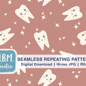 Sparkling Clean Kawaii Teeth on Dusty Coral Seamless Repeat Pattern for Commercial Use, Cute Dental Hygienist Dentist Digital Download