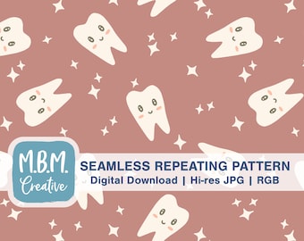 Sparkling Clean Kawaii Teeth on Dusty Coral Seamless Repeat Pattern for Commercial Use, Cute Dental Hygienist Dentist Digital Download