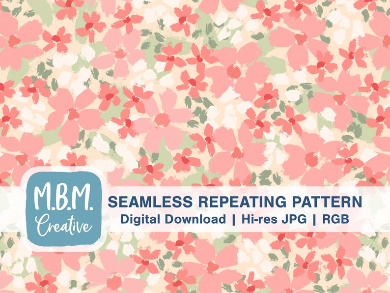 Inky Spring Floral Pink & Green Seamless Repeat Pattern for Etsy