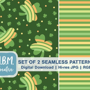 May include: Two seamless patterns featuring a green shamrock design. The first pattern has a green background with shamrocks, small green four-leaf clovers, and yellow dots. The second pattern has a striped design with green, yellow, and orange stripes.