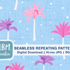 Palms & Stars on Blue Seamless Repeat Pattern for Commercial Use, Summer Palm Tree Pattern Digital Download, Tropical Doodle Seamless file