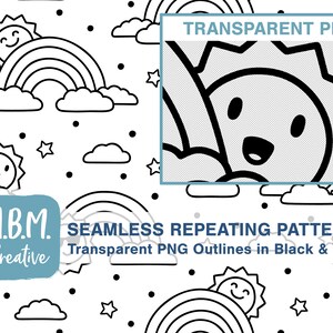 May include: Black and white seamless repeating pattern featuring a sun, rainbow, clouds, and stars. The pattern is outlined in black and white and is perfect for digital printing.