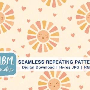 Cute Sunshine and Hearts Muted Neutral Seamless Repeat Pattern for Commercial Use,  Kids Seamless File, Kawaii Sun Digital Download