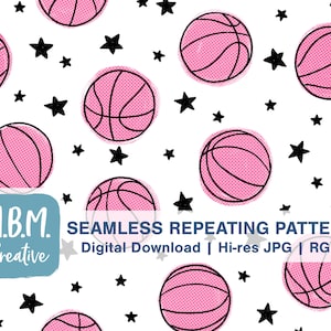 Padrão de repetição sem costura de bolas de basquete e estrelas rosa para uso comercial, arquivo sem emenda de esportes, download digital de basquete