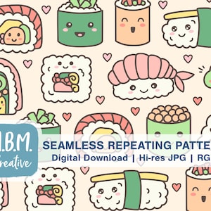 Kawaii Sushi: Oranje & Groen Naadloos Herhaal Patroon Commercieel Gebruik, Schattig Japans Eten Naadloos Bestand, Vis Rijst Roll Digitale Download