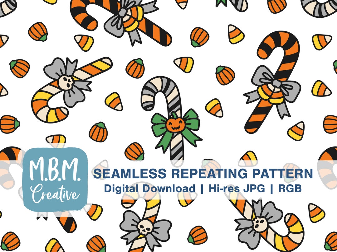 Halloween Candy Canes on White Seamless Repeat Pattern Commercial Use, Creepy Cute Candy