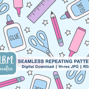 May include: A seamless repeating pattern featuring school supplies on a light blue background. The pattern includes scissors, pencils, rulers, glue bottles, and highlighters in pink, blue, and purple. The pattern is perfect for creating fun and colourful projects.