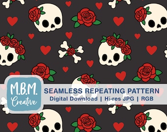 Skulls & Rose in Red and Gray Seamless Repeat Pattern Commercial Use, Creepy Cute Bones Seamless File, Spooky Halloween Digital Download