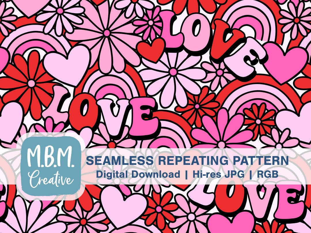 Love Flowers Hearts in Pink & Red Seamless Repeat Pattern Commercial ...