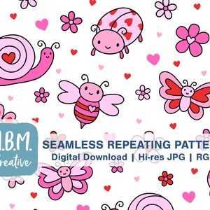 Pode incluir: Um padrão repetitivo sem costuras com joaninhas rosa e vermelhas, borboletas, abelhas, caracóis e flores sobre um fundo branco. O padrão é perfeito para o Dia dos Namorados ou qualquer ocasião.