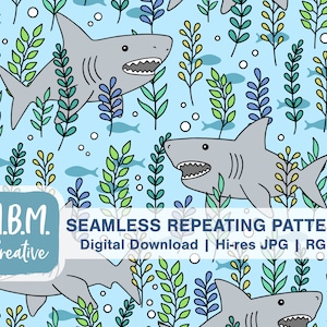 Sharks on Blue Seamless Repeat Pattern Commercial Use, Cute Kids Seamless File, Underwater Ocean Animal Download
