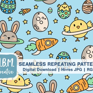 May include: A seamless repeating pattern featuring a light blue background with various Easter-themed illustrations. The pattern includes a bunny rabbit, a chick, a carrot rocket, and Easter eggs. The text "M.B.M. Creative" and "SEAMLESS REPEATING PATTERN Digital Download | Hi-res JPG | RGB" is also included in the pattern.