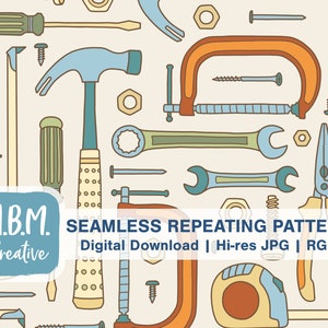 Hand Tools in Orange Blue & Green Seamless Repeat Pattern for Commercial Use, Woodworking Seamless File, Carpenter Tool Digital Download
