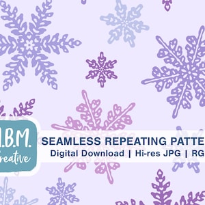 May include: A seamless repeating pattern featuring purple and pink snowflakes on a light purple background. The text "M.B.M. Creative" and "SEAMLESS REPEATING PATTERN Digital Download | Hi-res JPG | RGB" is at the bottom of the image.