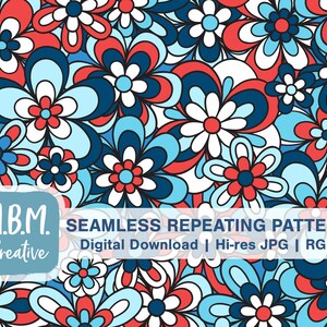 Patriotic Funky Floral on Medium Blue Seamless Repeat Pattern Commercial Use, Bold Retro Flowers Seamless File, July 4 Digital Download