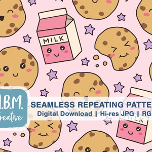 May include: Seamless repeating pattern featuring smiling chocolate chip cookies, pink milk cartons, and purple stars on a light pink background. The design includes the text "SEAMLESS REPEATING PATTERN" and "Digital Download".