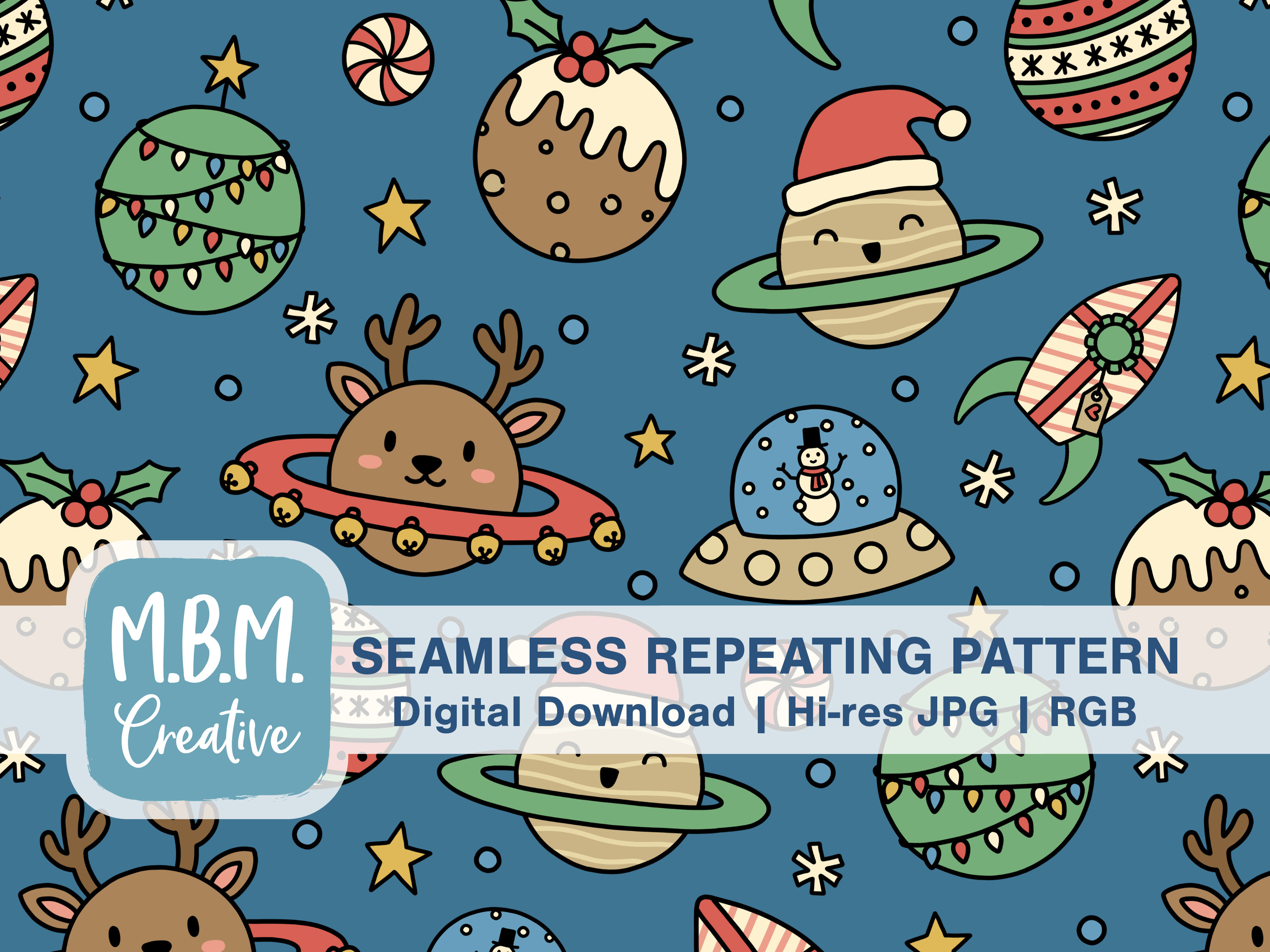 Christmas in Outer Space on Blue Seamless Repeat Pattern Etsy