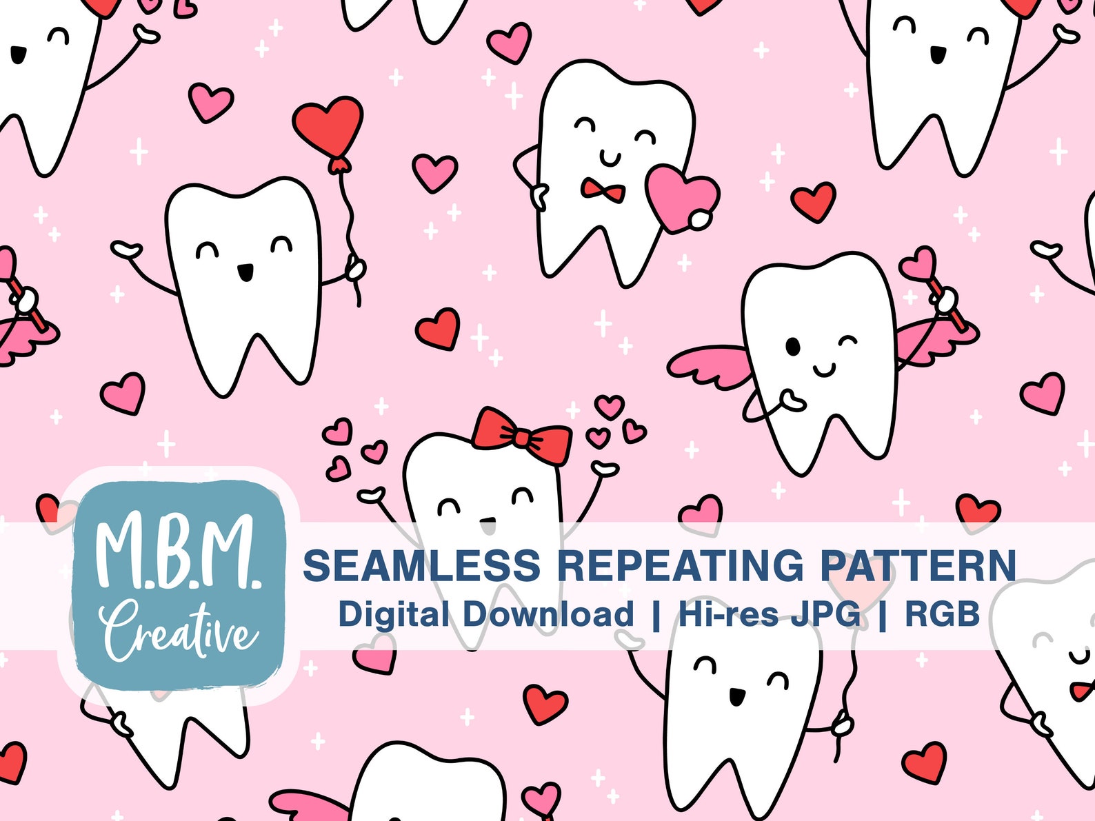 Valentine's Teeth on Dark Pink Seamless Pattern Commercial Use, Heart ...