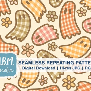 Gingham Ghosts on Beige Seamless Repeat Pattern Commercial Use, Kids Halloween Seamless File, Spooky Cute Digital Download