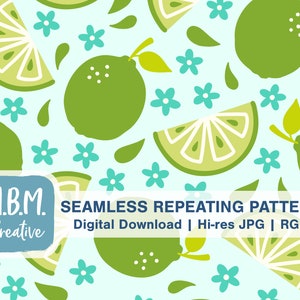 Juicy Limes with Flowers on Aqua Seamless Repeat Pattern for Commercial Use, Green Citrus Fruit Digital Download, Summer Seamless file