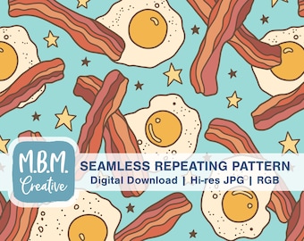 Bacon & Eggs with Stars on Aqua Seamless Repeat Pattern for Commercial Use, Breakfast Food Seamless File, Hand-Drawn Food Digital Download