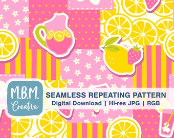 Pink Lemonade Patchwork Seamless Repeat Pattern, Seamless Pink and Yellow Digital Paper, Summer Drink Collage Seamless
