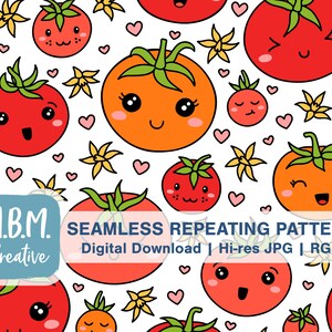 May include: A seamless repeating pattern featuring cute cartoon tomatoes with different facial expressions. The tomatoes are red and orange and have green stems and leaves. The background is white with small hearts and yellow flowers.