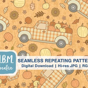 May include: A seamless pattern featuring a vintage pickup truck filled with pumpkins, along with scattered pumpkins, leaves, and flowers on a light orange background. The truck is plaid and has a white cab. The text "M.B.M. Creative" is at the bottom of the image.