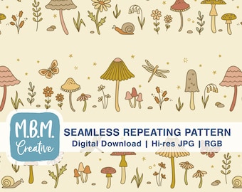 Mushroom Garden Seamless Pattern in Muted Colors Commercial Use, Sweet Fungi & Flowers Digital Download, Cottagecore Seamless File
