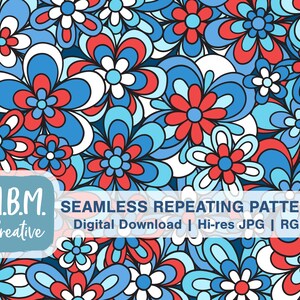 Patriotic Funky Floral on Dark Blue Seamless Repeat Pattern Commercial Use, Bold Retro Flowers Seamless File, July 4 Digital Download