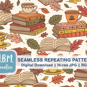 Autumn Reading on Beige Seamless Repeat Pattern Commercial Use, Fall Coffee Books Leaves Seamless File, Cute Bibliophile Digital Download