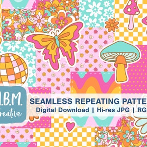 Puede incluir: Un patrón repetitivo sin costuras que presenta un mosaico de diseños coloridos. El patrón incluye una mariposa, hongos, flores y una bola de discoteca. El texto "M.B.M. Creative" también está incluido en el patrón.