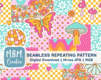 Groovy Summer Patchwork: Purple Orange & Aqua Seamless Repeat Pattern, Retro 70s Digital Paper, Mushroom Flowers Disco Collage Seamless