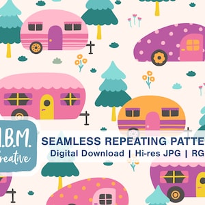 May include: A seamless repeating pattern featuring colorful camper vans in pink, purple, orange, and yellow with white backgrounds. The vans have windows, doors, and wheels. The background includes green trees and small white flowers.