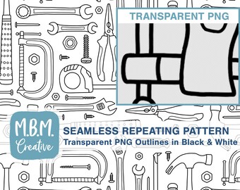 May include: A black and white seamless pattern featuring various tools, including a hammer, wrench, screwdriver, pliers, and nails. The pattern is labelled "Seamless Repeating Pattern" and "Transparent PNG Outlines in Black & White".