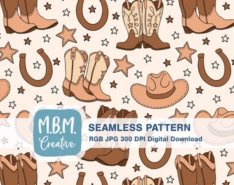 Everyday Cowboy: Brown Seamless Pattern Commercial Use, Cowboy Boot Hat Illustration Seamless, Wild West Pattern