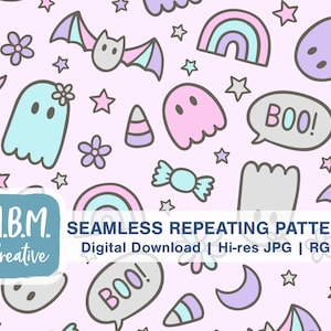 Cute Halloween Doodle in Pastels Seamless Repeat Pattern Commercial Use, Creepy Kawaii Seamless File,  Ghost Rainbow Bat Digital Download