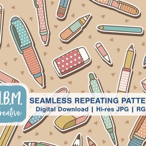Pens & Pencils on Brown Seamless Repeat Pattern Commercial Use, Back to School Seamless, Office Supplies Digital File