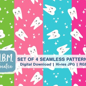 Sparkling Clean Kawaii Teeth Bundle: 4 Patterns in Bright Colors, Seamless Repeat Pattern Set, Cute Dental Hygienist Dentist Download