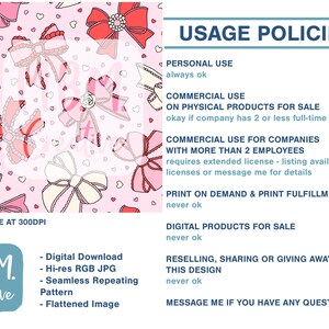 Pode incluir: Um padr&atilde;o sem costura rosa e branco com la&ccedil;os e cora&ccedil;&otilde;es. O padr&atilde;o est&aacute; dispon&iacute;vel como download digital, JPG de alta resolu&ccedil;&atilde;o e imagem achatada. O texto "USAGE POLICIES" &eacute; exibido com uma lista de diretrizes de uso para uso pessoal e comercial.