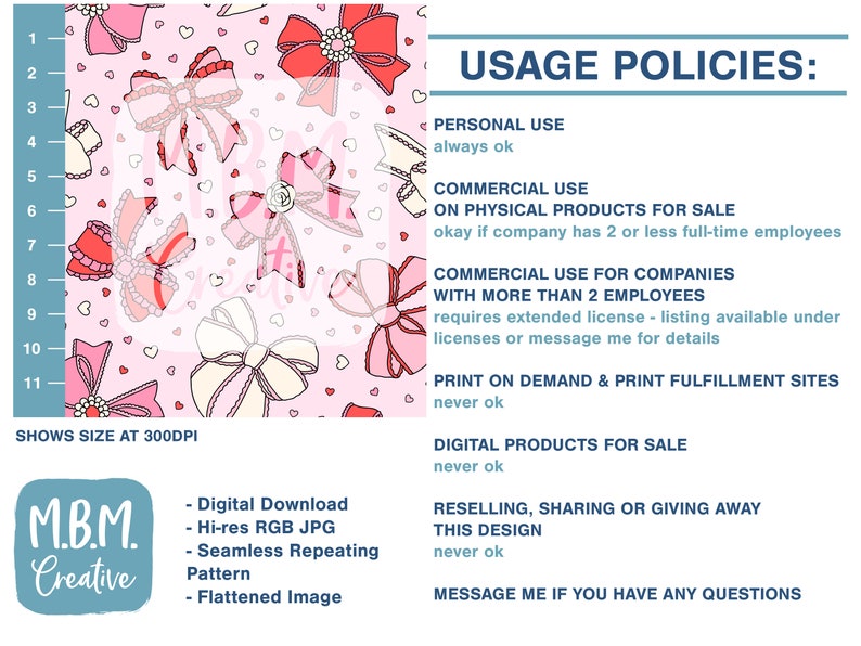 Pode incluir: Um padr&atilde;o sem costura rosa e branco com la&ccedil;os e cora&ccedil;&otilde;es. O padr&atilde;o est&aacute; dispon&iacute;vel como download digital, JPG de alta resolu&ccedil;&atilde;o e imagem achatada. O texto "USAGE POLICIES" &eacute; exibido com uma lista de diretrizes de uso para uso pessoal e comercial.