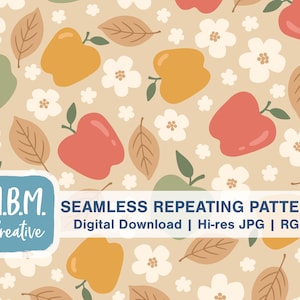 Autumn Apples on Greige Seamless Repeat Pattern Commercial Use, Fruit Blossoms Flowers Leaves Neutral Seamless File, Fall Digital Download