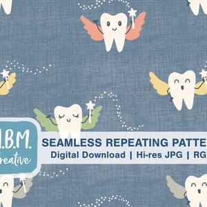 Kawaii Tooth Fairies on Blue Seamless Repeat Pattern for Commercial Use, Cute Dental Hygienist Dentist Digital Download