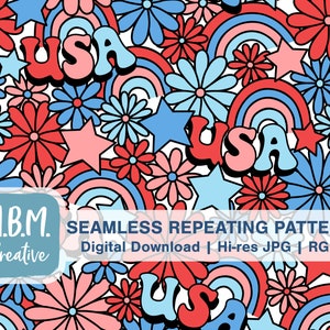 USA, Daisies, and Stars on White Seamless Repeat Pattern Commercial Use, Patriotic Retro Floral, Red White and Blue, July 4th Seamless