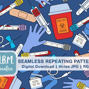 May include: A seamless repeating pattern featuring medical supplies, including test tubes, bandages, alcohol prep pads, a biohazard waste container, and blue latex gloves. The background is a dark blue colour.