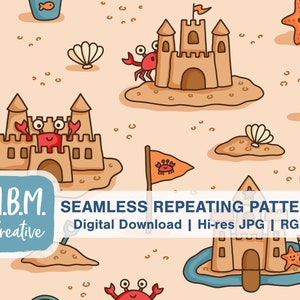 Sandcastles on Peach Seamless Repeat Pattern Commercial Use, Summer Beach Kids Seamless File, Crab Starfish Digital Download