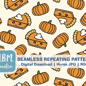 May include: A seamless repeating pattern featuring cute cartoon pumpkin pie slices and pumpkins. The pattern is in orange, yellow, and brown colours on a white background. The text "M.B.M. Creative" is in the centre of the pattern.