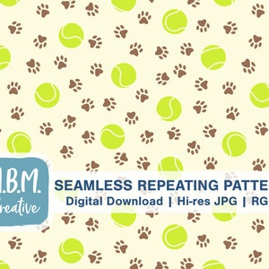 May include: A seamless repeating pattern featuring brown paw prints and green tennis balls on a light yellow background. The text "M.B.M. Creative" is at the bottom of the image.